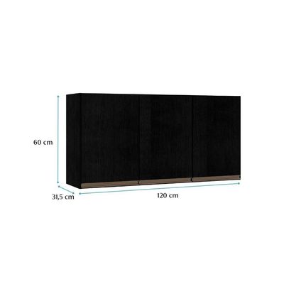 Armário Aéreo 3 Portas 120cm Cozinha Modulada Milão Menu Móveis Preto