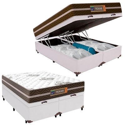 Cama Box Baú Casal Bipartido Sintético + Colchão Molas Ensacadas Texas Prime Colchões 138x188x67cm Branco