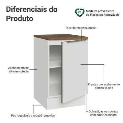Balcão Cozinha 50x60cm 1 Port Branco Tampo Rustic Lux Madesa Branco/branco Veludo/rustic