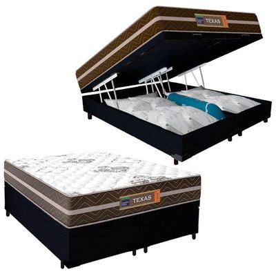 Cama Box Baú Casal Bipartido Suede + Colchão Molas Ensacadas Texas Prime Colchões 138x188x67cm Preto