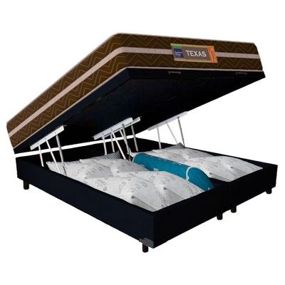 Cama Box Baú Casal Bipartido Suede + Colchão Molas Ensacadas Texas Prime Colchões 138x188x67cm Preto