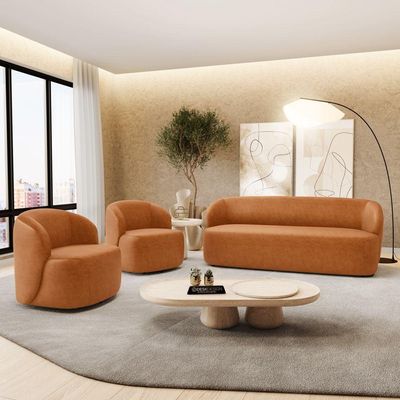 Kit 02 Poltronas Giratória E 01 Sofá Orgânico Leez 205cm 03 Lugares Couríssimo Caramelo Desk Design