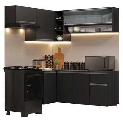Armário De Cozinha Completa De Canto Suspenso 325 Cm Preto Nice Madesa 02 Preto