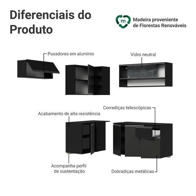 Armário De Cozinha Completa De Canto Suspenso 325 Cm Preto Nice Madesa 02 Preto