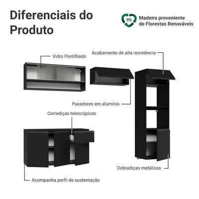 Armário De Cozinha Completa 260 Cm Suspenso Preto Nice Madesa 11 Preto