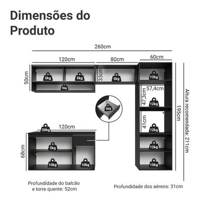 Armário De Cozinha Completa 260 Cm Suspenso Preto Nice Madesa 11 Preto