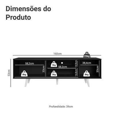 Rack Para Tv Até 80 Polegadas 160cm Com Pés Preto/branco Torino Madesa Preto/branco