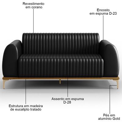 Sofá 180cm 3 Lugares Base Gold Molino D06 Pu B-159 Preto - Mpozenato