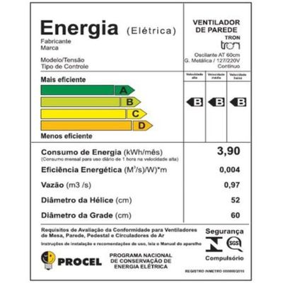 Ventilador Oscilante Para Parede Com 60cm Preto 140 Watts Tron Bivolt