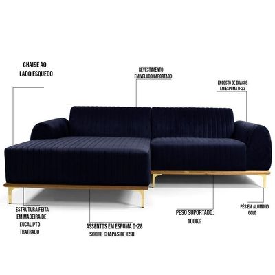 Sofá 255cm 4 Lugares Com Chaise Esquerdo Pés Gold Molino C-287 Veludo Marinho - Domi
