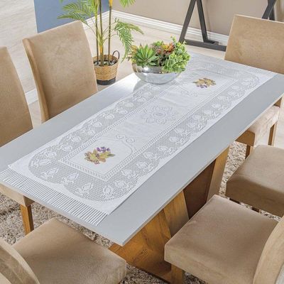 Trilho De Mesa Em Renda Com Transfer Flores 1,47m X 40cm 100% Poliéster - Flores