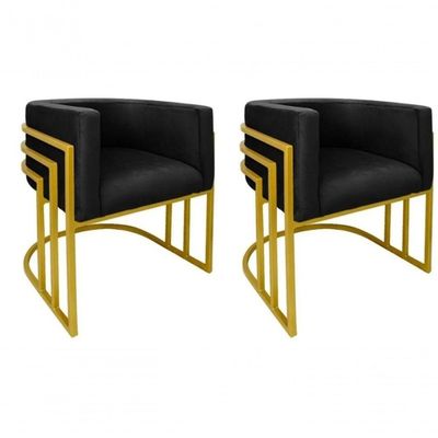 Kit 02 Cadeiras Poltrona Luxo Base De Metal Tripla Dourado Sala De Jantar Cozinha Recepção Veludo Preto Eli Móveis