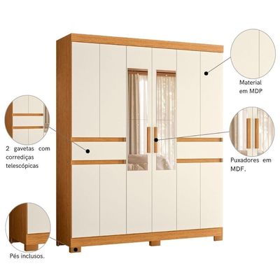 Armário De Quarto E Prateleiras 10 Portas 2 Gavetas Com Espellho Cinamomo Mel Off White
