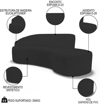 Sofá Living 3 Lugares 260cm Braço Esquerdo Mozart D06 Sintético Preto - Mpozenato