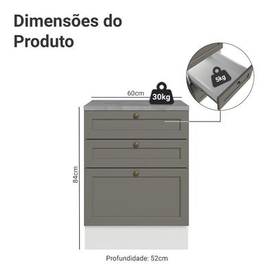 Balcão De Cozinha 60 Cm 3 Gavetas Branco/cinza Vik Madesa Branco/cinza