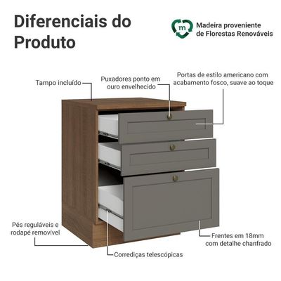 Balcão De Cozinha 60 Cm 3 Gavetas Rustic/cinza Vik Madesa Rustic/cinza