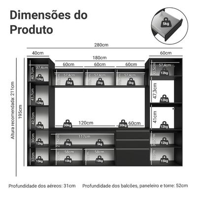 Armário De Cozinha Completa 280 Cm Suspenso Preto Nice Madesa 06 Preto