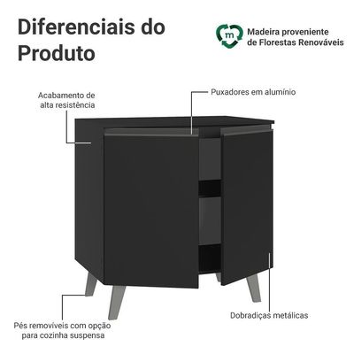 Balcão De Cozinha 80 Cm 2 Portas Com Pés Preto Nice Madesa Preto