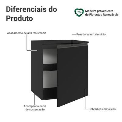 Balcão De Cozinha 60 Cm 1 Porta Suspenso Preto Nice Madesa Preto