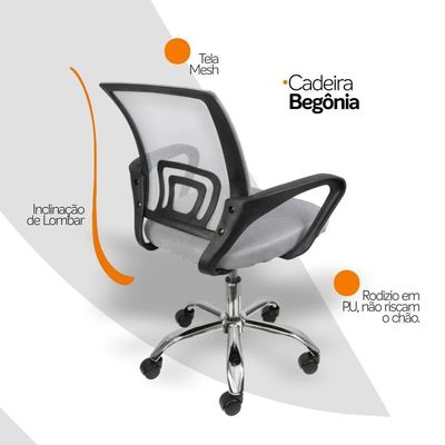 Kit 4 Cadeiras Escritório Oficial Begônia Ergonômico Cinza
