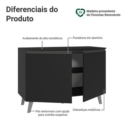 Balcão De Cozinha 120 Cm 2 Portas Com Pés Preto Nice Madesa Preto