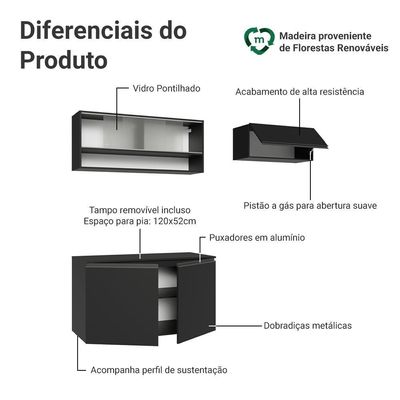 Armário De Cozinha Compacta 200 Cm Suspenso Preto Nice Madesa 07 Xa Preto