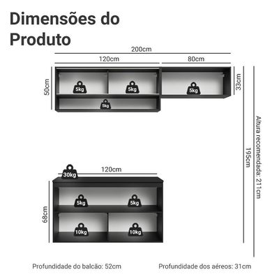 Armário De Cozinha Compacta 200 Cm Suspenso Preto Nice Madesa 07 Xa Preto