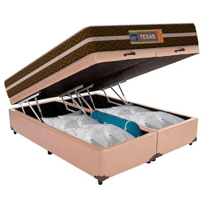Cama Box Baú Casal Bipartido Sintético + Colchão Molas Ensacadas Texas Prime Colchões 138x188x67cm Bege