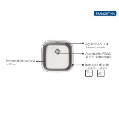 Cuba Tramontina Aria Maxi 40 BS Prime em Aço Inox Acetinado 40 x 40 x 20 cm com Válvula e Escape