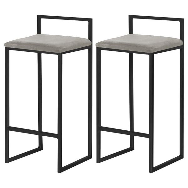 Kit 2 Banqueta Decorativa Selena Base Preta Veludo Cinza - Gran Belo
