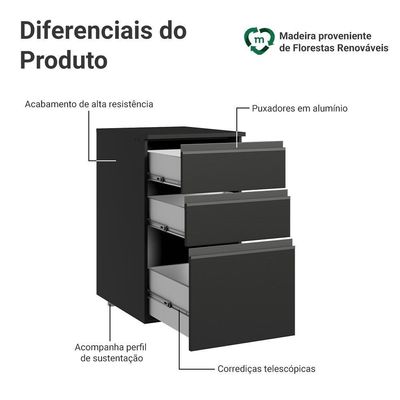 Balcão De Cozinha 40 Cm 3 Gavetas Suspenso Preto Nice Madesa Preto