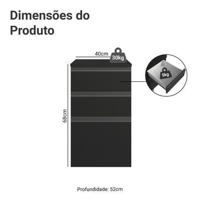 Balcão De Cozinha 40 Cm 3 Gavetas Suspenso Preto Nice Madesa Preto