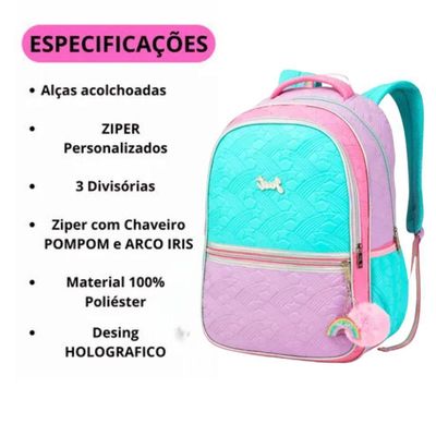 Mochila Costas Infantil Juvenil Love Estrelas Pompom Chaveiro Escolar Just Menina Denlex