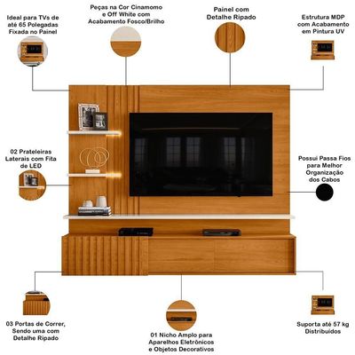 Painel Para Tv 65 Pol Com Bancada Suspensa Led Argos M07 Cinamomo Off White - Lyam Decor