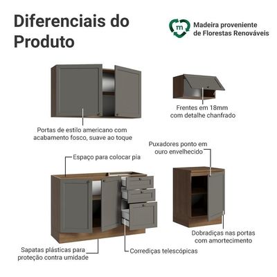 Armário De Cozinha Compacta 180 Cm Rustic/cinza Vik Madesa 01 Rustic/cinza