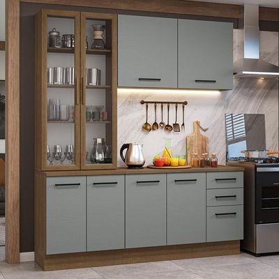 Armário De Cozinha Completa 190cm Com Cristaleira Agata Madesa Rustic Cinza