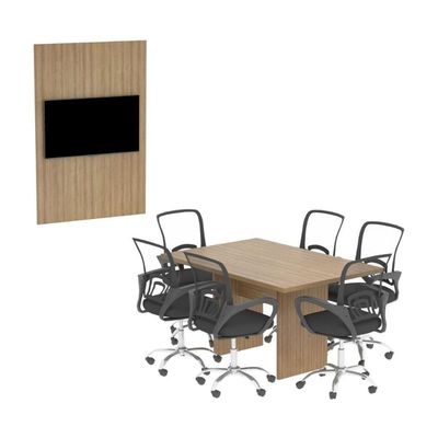 Conjunto Mesa De Escritório Reunião 136cm Com Painel Para Tv Multimóveis Cr25338 Amêndoa