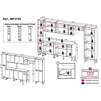 Armário Cozinha Modulada Completa 329,5cm Pequim Top Multimóveis Mp3755 Branco-lacca Fumê