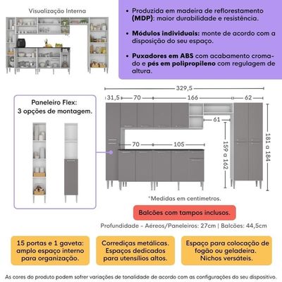Armário Cozinha Modulada Completa 329,5cm Pequim Top Multimóveis Mp3755 Branco-lacca Fumê