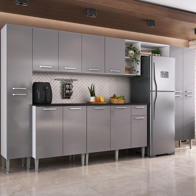 Armário Cozinha Modulada Completa 329,5cm Pequim Top Multimóveis Mp3755 Branco-lacca Fumê