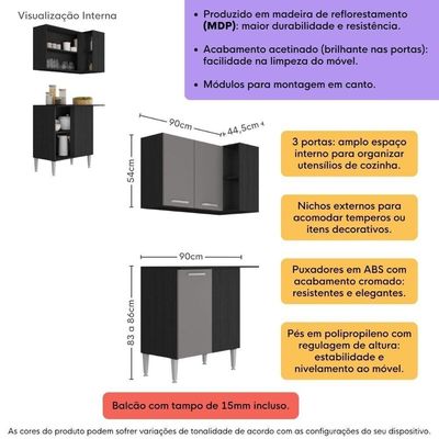 Kit Armário De Cozinha Aéreo Canto Com Balcão 90cm 3 Portas Pequim Multimóveis Mp2381 Preto/lacca Fumê
