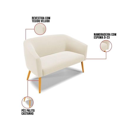 Kit 1 Namoradeira E 2 Poltronas Giratória Base Madeira Bege
