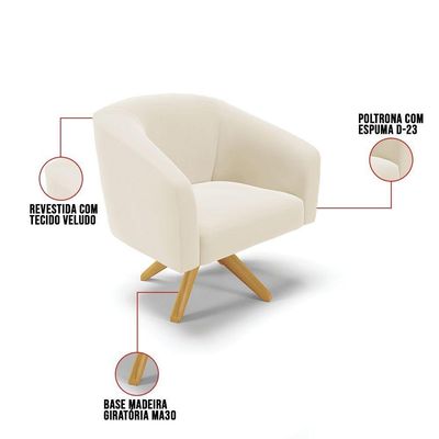 Kit 1 Namoradeira E 2 Poltronas Giratória Base Madeira Bege