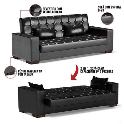 Sofá Cama 02 Lugares Corano Preto Pés De Madeira