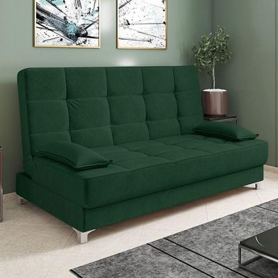 Sofá Cama 193 Cm Veludo Verde Militar Pés Plástico Cromado