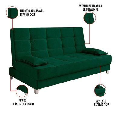 Sofá Cama 193 Cm Veludo Verde Militar Pés Plástico Cromado