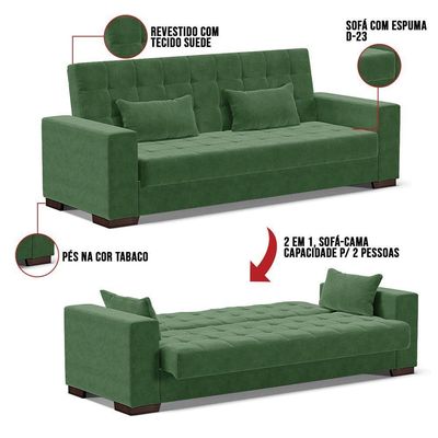 Sofá Cama 02 Lugares Lisboa Suede Pés De Madeira Cor Verde