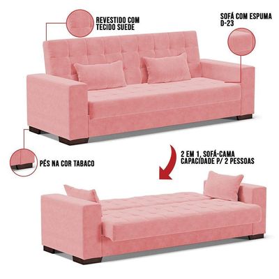 Sofá Cama 02 Lugares Lisboa Suede Pés De Madeira Cor Rose