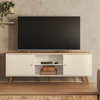 Rack Para Tv Com Puxadores Ponto E Divisória Central Off White Canela