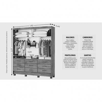Guarda Roupa Espelho 3 Portas 9 Gavetas Imperium -grand Line